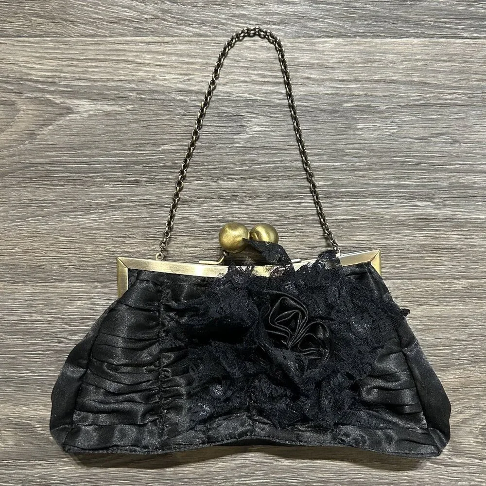 Vintage Black Flower Clutch Wallet Bag Kiss Lock Alt Style Whimsygoth Prom
